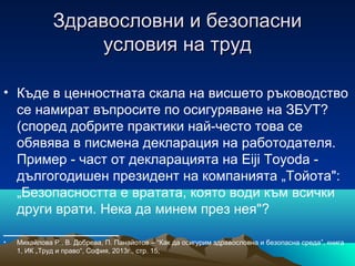 Здравословни и безопасниЗдравословни и безопасни
условия на трудусловия на труд
• Къде в ценностната скала на висшето ръководство
се намират въпросите по осигуряване на ЗБУТ?
(според добрите практики най-често това се
обявява в писмена декларация на работодателя.
Пример - част от декларацията на Eiji Toyoda -
дългогодишен президент на компанията „Тойота":
„Безопасността е вратата, която води към всички
други врати. Нека да минем през нея"?
_______________
• Михайлова Р., В. Добрева, П. Панайотов – “Как да осигурим здравословна и безопасна среда”, книга
1, ИК „Труд и право“, София, 2013г., стр. 15;
 