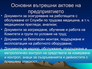 Основни вътрешни актове наОсновни вътрешни актове на
предприятиетопредприятието
• Документи за осигуряване на работещите с
обслужване от Служби по трудова медицина, в т.ч.
медицински прегледи, анализи;
• Документи за изграждане, обучение и работа на
Комитети и групи по условия на труд;
• Документи за безопасен монтаж, поддържане и
експлоатация на работното оборудване;
• Документи за надзор, обслужване, поддържане и
метрологичен контрол на средствата за измерване
и контрол, знаци за съоръженията и дейностите с
повишена опасност;
 