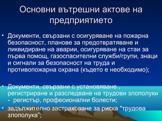 Основни вътрешни актове наОсновни вътрешни актове на
предприятиетопредприятието
• Документи, свързани с осигуряване на пожарна
безопасност, планове за предотвратяване и
ликвидиране на аварии, осигуряване на стаи за
първа помощ, газоспасителни служби/групи, знаци
и сигнали за безопасност на труда и
противопожарна охрана (където е необходимо);
• Документи, свързани с установяване ,
регистриране и разследване на трудови злополуки
- регистър, професионални болести;
• задължително застраховане за риска "трудова
злополука”;
 