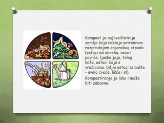 Kompost je najkvalitetnija
zemlja koja nastaje prirodnom
razgradnjom organskog otpada
(ostaci od obroka, voće i
povrće, ljuske jaja, talog
kafe, ostaci čaja s
vrećicama, biljni ostaci iz bašte
- uvelo cveće, lišće i sl).
Kompostiranje je lako i moţe
biti zabavno.
 