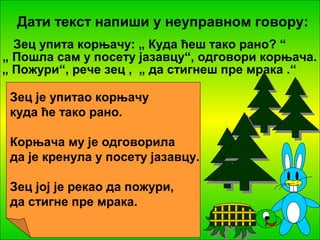Дати текст напиши у неуправном говору: 
„ Пошла сам у посету јазавцу“, одговори корњача. 
Зец упита корњачу: „ Куда ћеш тако рано? “ 
„ Пожури“, рече зец , „ да стигнеш пре мрака .“ 
Зец је упитао корњачу 
куда ће тако рано. 
Корњача му је одговорила 
да је кренула у посету јазавцу. 
Зец јој је рекао да пожури, 
да стигне пре мрака. 
