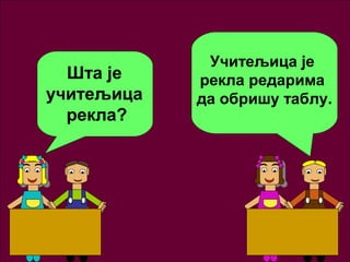 Шта је 
учитељица 
рекла? 
Учитељица је 
рекла редарима 
да обришу таблу. 
 