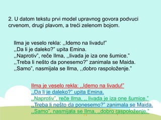 2. U datom tekstu prvi model upravnog govora podvuci
crvenom, drugi plavom, a treći zelenom bojom.
Ilma je veselo rekla: ,,Idemo na livadu!”
,,Da li je daleko?” upita Emina.
,,Naprotiv”, reče Ilma, ,,livada je iza one šumice.”
,,Treba li nešto da ponesemo?” zanimala se Maida.
,,Samo”, nasmijala se Ilma, ,,dobro raspoloženje.”
Ilma je veselo rekla: ,,Idemo na livadu!”
,,Da li je daleko?” upita Emina.
,,Naprotiv”, reče Ilma, ,, livada je iza one šumice.”
,,Treba li nešto da ponesemo?” zanimala se Maida.
,,Samo”, nasmijala se Ilma, ,,dobro raspoloženje.”
 