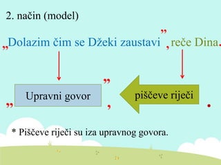 2. način (model)
,, Upravni govor
”
.
* Piščeve riječi su iza upravnog govora.
,
piščeve riječi
,,Dolazim čim se Džeki zaustavi
,,
,reče Dina.
 