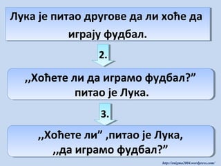 Лука је питао другове да ли хоће да
Лука је питао другове да ли хоће да
играју фудбал.
играју фудбал.
2.
2.

,,Хоћете ли да играмо фудбал?”
,,Хоћете ли да играмо фудбал?”
питао је Лука.
питао је Лука.
3.
3.

,,Хоћете ли” ,питао је Лука,
,,Хоћете ли” ,питао је Лука,
,,да играмо фудбал?”
,,да играмо фудбал?”
http://enigma2004.wordpress.com/

 
