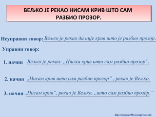 ВЕЉКО ЈЕ РЕКАО НИСАМ КРИВ ШТО САМ
ВЕЉКО ЈЕ РЕКАО НИСАМ КРИВ ШТО САМ
РАЗБИО ПРОЗОР.
РАЗБИО ПРОЗОР.
Неуправни говор: Вељко је рекао да није крив што је разбио прозор.
Управни говор:
1. начин Вељко је рекао: ,,Нисам крив што сам разбио прозор”.
2. начин ,,Нисам крив што сам разбио прозор” , рекао је Вељко.
3. начин ,,Нисам крив”, рекао је Вељко, ,,што сам разбио прозор.”

http://enigma2004.wordpress.com/

 