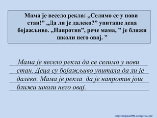 Мама је весело рекла: ,,Селимо се у нови
стан!” ,,Да ли је далеко?” упиташе деца
бојажљиво. ,,Напротив”, рече мама, ” је ближи
школи него овај. ”

Мама је весело рекла да се селимо у нови
стан. Деца су бојажљиво упитала да ли је
далеко. Мама је рекла да је напротив још
ближи школи него овај.

http://enigma2004.wordpress.com/

 