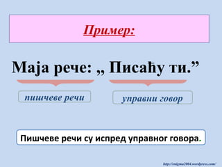 Пример:

Маја рече: ,, Писаћу ти.”
пишчеве речи

управни говор

Пишчеве речи су испред управног говора.
http://enigma2004.wordpress.com/

 