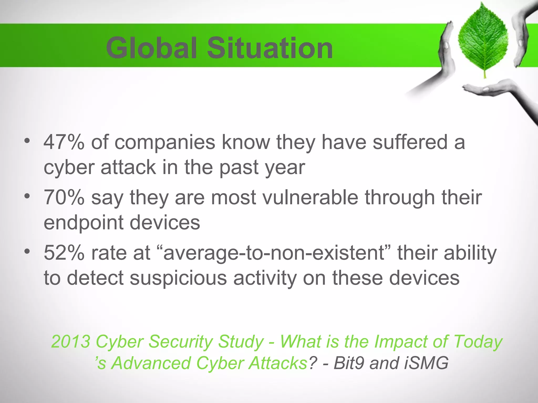 Global Situation
• 47% of companies know they have suffered a
cyber attack in the past year
• 70% say they are most vulnerable through their
endpoint devices
• 52% rate at “average-to-non-existent” their ability
to detect suspicious activity on these devices
2013 Cyber Security Study - What is the Impact of Today
’s Advanced Cyber Attacks? - Bit9 and iSMG
 