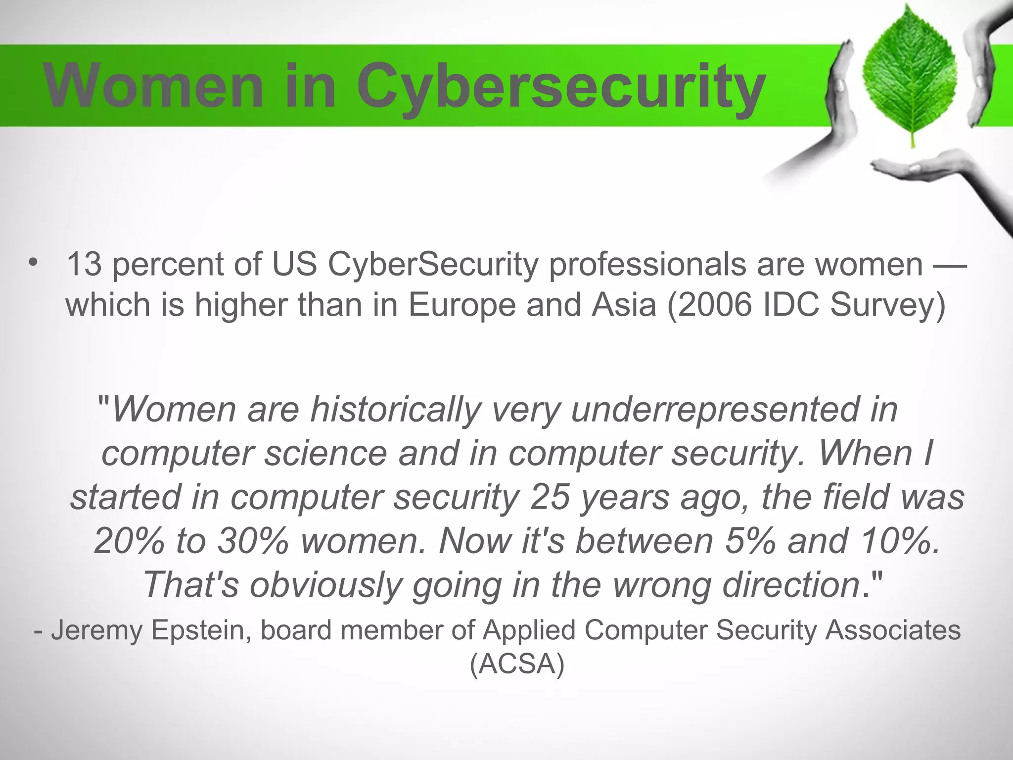 Women in Cybersecurity
• 13 percent of US CyberSecurity professionals are women —
which is higher than in Europe and Asia (2006 IDC Survey)
"Women are historically very underrepresented in
computer science and in computer security. When I
started in computer security 25 years ago, the field was
20% to 30% women. Now it's between 5% and 10%.
That's obviously going in the wrong direction."
- Jeremy Epstein, board member of Applied Computer Security Associates
(ACSA)
 