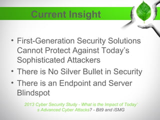 Current Insight
• First-Generation Security Solutions
Cannot Protect Against Today’s
Sophisticated Attackers
• There is No...