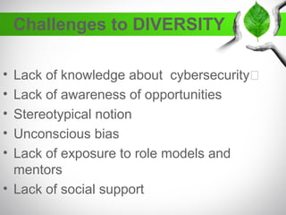 Challenges to DIVERSITY
• Lack of knowledge about cybersecurity
• Lack of awareness of opportunities
• Stereotypical notio...