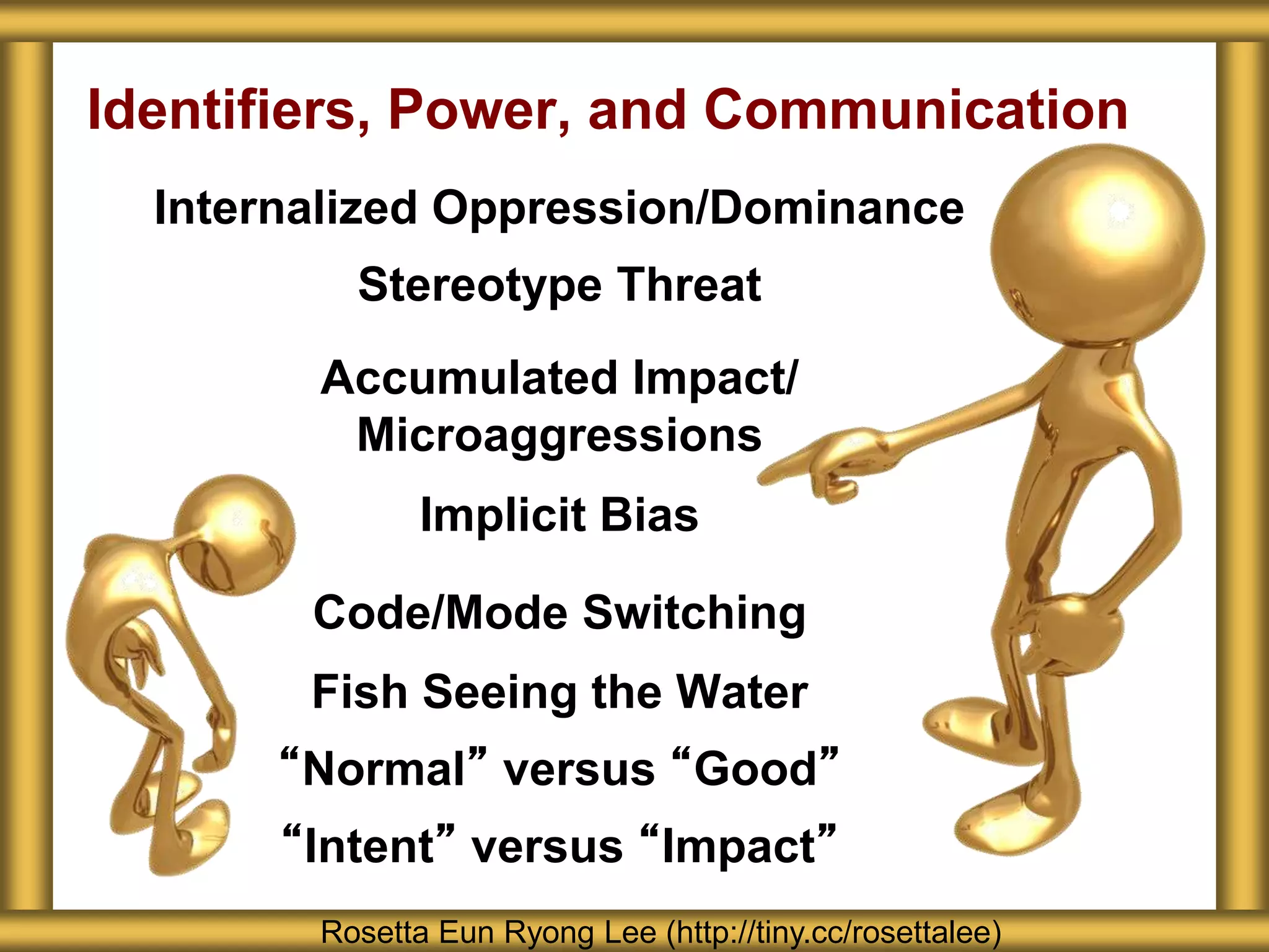 Identifiers, Power, and Communication
Internalized Oppression/Dominance
Stereotype Threat
Accumulated Impact/
Microaggressions
Implicit Bias
Code/Mode Switching
Fish Seeing the Water
“Normal” versus “Good”
“Intent” versus “Impact”
Rosetta Eun Ryong Lee (http://tiny.cc/rosettalee)
 