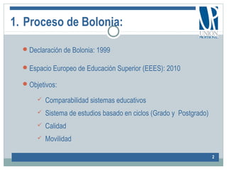 1. Proceso de Bolonia:
Declaración de Bolonia: 1999
Espacio Europeo de Educación Superior (EEES): 2010
Objetivos:
 Comparabilidad sistemas educativos
 Sistema de estudios basado en ciclos (Grado y Postgrado)
 Calidad
 Movilidad
2
 