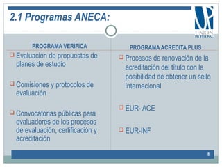 2.1 Programas ANECA:
PROGRAMA VERIFICA
 Evaluación de propuestas de
planes de estudio
 Comisiones y protocolos de
evaluación
 Convocatorias públicas para
evaluadores de los procesos
de evaluación, certificación y
acreditación
PROGRAMA ACREDITA PLUS
 Procesos de renovación de la
acreditación del título con la
posibilidad de obtener un sello
internacional
 EUR- ACE
 EUR-INF
8
 