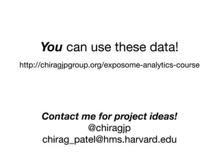 You can use these data!
http://chiragjpgroup.org/exposome-analytics-course
Contact me for project ideas!
@chiragjp

chirag_patel@hms.harvard.edu
 