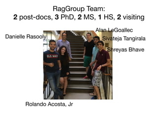 Rolando Acosta, Jr
Shreyas Bhave
Sivateja Tangirala
Alan LeGoallec
Danielle Rasooly
RagGroup Team:

2 post-docs, 3 PhD, 2 MS, 1 HS, 2 visiting
 