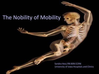 The Nobility of Mobility
The Nobility of Mobility




                   Sandra Hess Hess RN CCRN
                       Sandra RN BSN BSN CCRN
                   University of Iowa Iowa HospitalsClinics
                       University of Hospitals and and Clinics
 