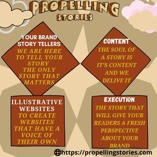 https://propellingstories.com
WE ARE HERE
TO TELL YOUR
STORY
THE ONLY
STORY THAT
MATTERS
YOUR BRAND
STORY TELLERS
ILLUSTRATIVE
WEBSITES
TO CREATE
WEBSITES
THAT HAVE A
VOICE OF
THEIR OWN
CONTENT
THE SOUL OF
A STORY IS
IT'S CONTENT
AND WE
DELIVE IT
EXECUTION
THE STORY THAT
WILL GIVE YOUR
READERS A FRESH
PERSPECTIVE
ABOUT YOUR
BRAND
 