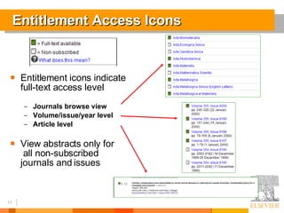 Entitlement Access Icons Entitlement icons indicate full-text access level Journals browse view Volume/issue/year level Article level View abstracts only for  all non-subscribed  journals and issues 