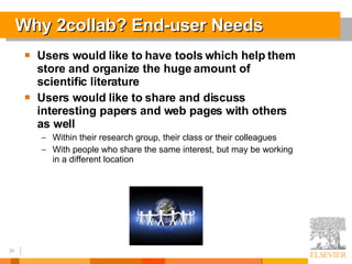 Why 2collab? End-user Needs Users would like to have tools which help them store and organize the huge amount of scientific literature Users would like to share and discuss interesting papers and web pages with others as well Within their research group, their class or their colleagues With people who share the same interest, but may be working in a different location 