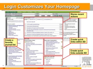 Login Customizes Your Homepage Stores recent actions Create a favorite journal list Create quick links within SD Create quick links outside SD 