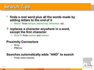 Search Tips * finds a root word plus all the words made by adding letters to the end of it Behav*   finds   behave ,   behavioral ,   behaviour ,   etc. ? replaces a character anywhere in a word,  except the first character Wom?n  finds   woman  and   women Proximity Connectors W/nn PRE/nn Searches automatically adds “AND” to search Finds more records 