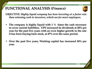 FUNCTIONAL ANALYSIS (Finance)
OBJECTIVE: Highly liquid company has been investing at a faster rate
than returning cash to investors, which are for most employees.
• The company is highly liquid with 1 ½ times the cash necessary
to cover current liabilities. UPS increased its dividends at 20% per
year for the past five years with an even higher growth in the rate
it has been buying back stock, at 47% over the same period.
• Over the past five years, Working capital has increased 24% per
year.
 