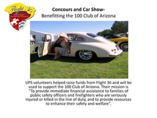 Concours and Car ShowBenefitting the 100 Club of Arizona

UPS volunteers helped raise funds from Flight 36 and will be
used to support the 100 Club of Arizona. Their mission is
“To provide immediate financial assistance to families of
public safety officers and firefighters who are seriously
injured or killed in the line of duty, and to provide resources
to enhance their safety and welfare”.

 