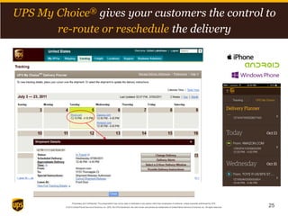 Proprietary and Confidential: This presentation may not be used or disclosed to any person other than employees of customer, unless expressly authorized by UPS.
© 2014 United Parcel Service of America, Inc. UPS, the UPS brandmark, the color brown and photos are trademarks of United Parcel Service of America, Inc. All rights reserved.
UPS My Choice® gives your customers the control to
re-route or reschedule the delivery
25
 