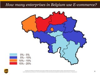 Proprietary and Confidential: This presentation may not be used or disclosed to any person other than employees of customer, unless expressly authorized by UPS.
© 2014 United Parcel Service of America, Inc. UPS, the UPS brandmark, the color brown and photos are trademarks of United Parcel Service of America, Inc. All rights reserved.
How many enterprises in Belgium use E-commerce?
0% - 5%
5% - 10%
10% - 15%
15% - 20%
4
 