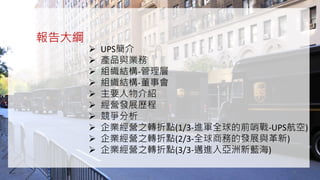 報告大綱
 UPS簡介
 產品與業務
 組織結構-管理層
 組織結構-董事會
 主要人物介紹
 經營發展歷程
 競爭分析
 企業經營之轉折點(1/3-進軍全球的前哨戰-UPS航空)
 企業經營之轉折點(2/3-全球商務的發展與革新)
 企業經營之轉折點(3/3-邁進入亞洲新藍海)
2
 