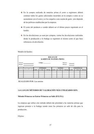En la compra realizada de materias prima el costo a registrarse deberá
             contener todos los gastos adicionales incurridos en la compra o estos no se
             acumularan con el costo y se los cargaría a una cuenta de gasto esto depende
             de las políticas establecidas por la empresa.

             El costo del producto a vender deberá ser el último precio registrado en el
             kardex.

             En las devoluciones ya sean por compras, ventas las devoluciones realizadas
             desde la producción a la bodega se registrará al mismo costo al que hace
             referencia a la devolución.




Modelo de Kardex:

                                            ROLAN Z.H
                                     KARDEX DE MATERIA PRIMA

 Artículo:                        Código: ___________                  Máximo:
 Método:                                                               Mínimo:

                                  ENTRADAS                       SALIDAS               EXISTENCIAS
 FECHA DESCRIPCION
                          CANT.   V. UNIT. V. TOTAL     CANT.   V. UNIT. V. TOTAL CANT. V. UNIT. V. TOTAL




REALIZADO POR: Las autoras



1.4.1.1.8 LOS MÉTODOS DE VALORACIÓN MÁS UTILIZADOS SON:


Método Primeras en Entrar Primeras en Salir (P.E.P.S.)


La empresa que utilice este método deberá dar prioridad a las materias primas que
ingresan primero a la bodega siendo estos los primeros en salir de ella para la
producción.


Efectos:



                                                   37
 