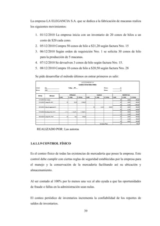 La empresa LA ELEGANCIA S.A. que se dedica a la fabricación de macanas realiza
los siguientes movimientos:

   1. 01/12/2010 La empresa inicia con un inventario de 20 conos de hilos a un
       costo de $20 cada cono.
   2. 05/12/2010 Compra 50 conos de hilo a $21,20 según factura Nro. 15
   3. 06/12/2010 Según orden de requisición Nro. 1 se solicita 30 conos de hilo
       para la producción de 5 macanas.
   4. 07/12/2010 Se devuelven 3 conos de hilo según factura Nro. 15.
   5. 08/12/2010 Compra 10 conos de hilo a $20,50 según factura Nro. 28

   Se pide desarrollar el método últimos en entrar primeros es salir:




     REALIZADO POR: Las autoras



1.4.1.1.9 CONTROL FÍSICO


Es el conteo físico de todas las existencias de mercadería que posee la empresa. Este
control debe cumplir con ciertas reglas de seguridad establecidas por la empresa para
el manejo y la conservación de la mercadería facilitando así su ubicación y
almacenamiento.


Al ser contado al 100% por lo menos una vez al año ayuda a que las oportunidades
de fraude o fallas en la administración sean nulas.


El conteo periódico de inventarios incrementa la confiabilidad de los reportes de
saldos de inventarios.

                                          39
 