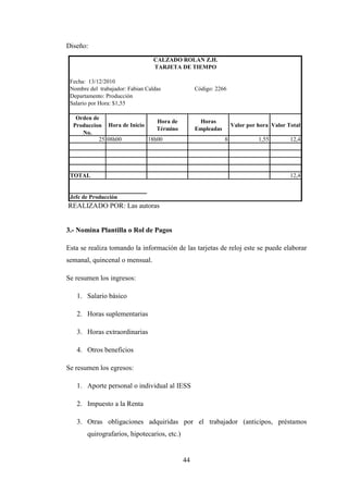 Diseño:
                                  CALZADO ROLAN Z.H.
                                  TARJETA DE TIEMPO

 Fecha: 13/12/2010
 Nombre del trabajador: Fabian Caldas             Código: 2266
 Departamento: Producción
 Salario por Hora: $1,55

   Orden de
                               Hora de             Horas
  Produccion Hora de Inicio                                       Valor por hora Valor Total
                               Término            Empleadas
     No.
           25 08h00         18h00                             8             1,55        12,4




 TOTAL                                                                                  12,4


 Jefe de Producción
REALIZADO POR: Las autoras


3.- Nomina Plantilla o Rol de Pagos

Esta se realiza tomando la información de las tarjetas de reloj este se puede elaborar
semanal, quincenal o mensual.

Se resumen los ingresos:

   1. Salario básico

   2. Horas suplementarias

   3. Horas extraordinarias

   4. Otros beneficios

Se resumen los egresos:

   1. Aporte personal o individual al IESS

   2. Impuesto a la Renta

   3. Otras obligaciones adquiridas por el trabajador (anticipos, préstamos
       quirografarios, hipotecarios, etc.)


                                             44
 