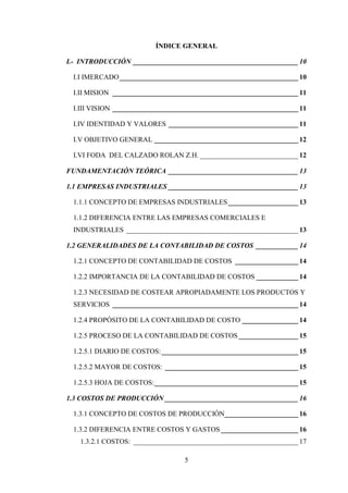 ÍNDICE GENERAL

I.- INTRODUCCIÓN _______________________________________________ 10

 I.I IMERCADO ___________________________________________________ 10

 I.II MISION _____________________________________________________ 11

 I.III VISION _____________________________________________________ 11

 I.IV IDENTIDAD Y VALORES _____________________________________ 11

 I.V OBJETIVO GENERAL _________________________________________ 12

 I.VI FODA DEL CALZADO ROLAN Z.H. ____________________________ 12

FUNDAMENTACIÓN TEÓRICA _____________________________________ 13

1.1 EMPRESAS INDUSTRIALES _____________________________________ 13

 1.1.1 CONCEPTO DE EMPRESAS INDUSTRIALES ____________________ 13

 1.1.2 DIFERENCIA ENTRE LAS EMPRESAS COMERCIALES E
 INDUSTRIALES _________________________________________________ 13

1.2 GENERALIDADES DE LA CONTABILIDAD DE COSTOS ____________ 14

 1.2.1 CONCEPTO DE CONTABILIDAD DE COSTOS __________________ 14

 1.2.2 IMPORTANCIA DE LA CONTABILIDAD DE COSTOS ____________ 14

 1.2.3 NECESIDAD DE COSTEAR APROPIADAMENTE LOS PRODUCTOS Y
 SERVICIOS _____________________________________________________ 14

 1.2.4 PROPÓSITO DE LA CONTABILIDAD DE COSTO ________________ 14

 1.2.5 PROCESO DE LA CONTABILIDAD DE COSTOS _________________ 15

 1.2.5.1 DIARIO DE COSTOS: _______________________________________ 15

 1.2.5.2 MAYOR DE COSTOS: ______________________________________ 15

 1.2.5.3 HOJA DE COSTOS: _________________________________________ 15

1.3 COSTOS DE PRODUCCIÓN ______________________________________ 16

 1.3.1 CONCEPTO DE COSTOS DE PRODUCCIÓN_____________________ 16

 1.3.2 DIFERENCIA ENTRE COSTOS Y GASTOS ______________________ 16
   1.3.2.1 COSTOS: _______________________________________________ 17

                                 5
 