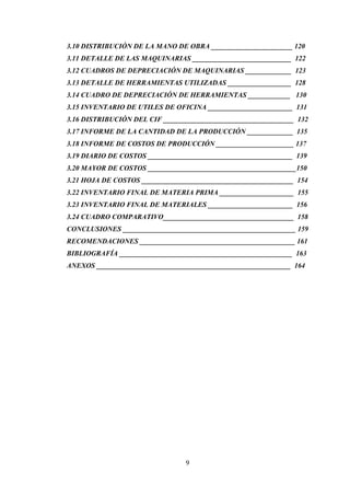 3.10 DISTRIBUCIÓN DE LA MANO DE OBRA _______________________ 120
3.11 DETALLE DE LAS MAQUINARIAS ____________________________ 122
3.12 CUADROS DE DEPRECIACIÓN DE MAQUINARIAS _____________ 123
3.13 DETALLE DE HERRAMIENTAS UTILIZADAS __________________ 128
3.14 CUADRO DE DEPRECIACIÓN DE HERRAMIENTAS ____________ 130
3.15 INVENTARIO DE UTILES DE OFICINA ________________________ 131
3.16 DISTRIBUCIÓN DEL CIF _____________________________________ 132
3.17 INFORME DE LA CANTIDAD DE LA PRODUCCIÓN _____________ 135
3.18 INFORME DE COSTOS DE PRODUCCIÓN ______________________ 137
3.19 DIARIO DE COSTOS _________________________________________ 139
3.20 MAYOR DE COSTOS __________________________________________150
3.21 HOJA DE COSTOS ___________________________________________ 154
3.22 INVENTARIO FINAL DE MATERIA PRIMA _____________________ 155
3.23 INVENTARIO FINAL DE MATERIALES ________________________ 156
3.24 CUADRO COMPARATIVO_____________________________________ 158
CONCLUSIONES _________________________________________________ 159
RECOMENDACIONES ____________________________________________ 161
BIBLIOGRAFÍA _________________________________________________ 163
ANEXOS _______________________________________________________ 164




                                 9
 