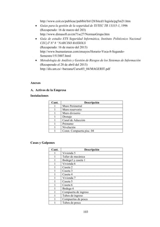 103
http://www.coit.es/publicac/publbit/bit128/bitcd1/legisla/pg5m21.htm
 Guías para la gestión de la seguridad de TI/TEC TR 13335-1, 1996
(Recuperado: 16 de marzo del 203)
http://www.dimasoft.es/ctn71sc27/NormasGrupo.htm
 Guía de estudio ETS Seguridad Informática, Instituto Politécnico Nacional
CECyT Nº 8 “NARCISO BASSOLS
(Recuperado: 16 de marzo del 2013)
http://www.buenastareas.com/ensayos/Horario-Voca-8-Segundo-
Semestre/1513007.html
 Metodología de Análisis y Gestión de Riesgos de los Sistemas de Información
(Recuperado el 28 de abril del 2013)
http://dis.um.es/~barzana/Curso03_04/MAGERIT.pdf
Anexos
A. Activos de la Empresa
Instalaciones
Cant. Descripción
1 Muro Perimetral
1 Muro reservorio
1 Muro divisorio
1 Drenaje
1 Canal de Aducción
1 Préstamo
1 Nivelación
1 Const. Compuerta pisc. 04
Casas y Galpones
Cant. Descripción
1 Vivienda 5
1 Taller de mecánica
1 Bodega3 y caseta 1
1 Vivienda 6
1 Caseta 2
1 Caseta 3
1 Caseta 4
1 Vivienda 7
1 Caseta 5
1 Caseta 6
1 Bodega 4
1 Compuerta de ingreso
1 Tubos de ingreso
1 Compuertas de pesca
1 Tubos de pesca
 