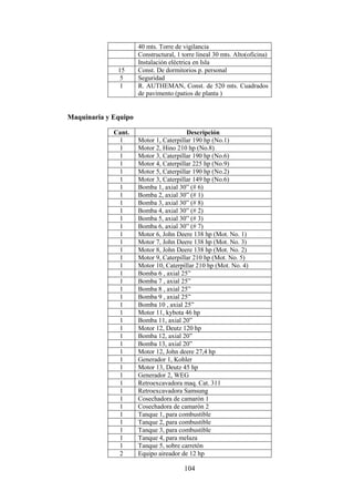 104
40 mts. Torre de vigilancia
Constructural, 1 torre lineal 30 mts. Alto(oficina)
Instalación eléctrica en Isla
15 Const. De dormitorios p. personal
5 Seguridad
1 R. AUTHEMAN, Const. de 520 mts. Cuadrados
de pavimento (patios de planta )
Maquinaria y Equipo
Cant. Descripción
1 Motor 1, Caterpillar 190 hp (No.1)
1 Motor 2, Hino 210 hp (No.8)
1 Motor 3, Caterpillar 190 hp (No.6)
1 Motor 4, Caterpillar 225 hp (No.9)
1 Motor 5, Caterpillar 190 hp (No.2)
1 Motor 3, Caterpillar 149 hp (No.6)
1 Bomba 1, axial 30” (# 6)
1 Bomba 2, axial 30” (# 1)
1 Bomba 3, axial 30” (# 8)
1 Bomba 4, axial 30” (# 2)
1 Bomba 5, axial 30” (# 3)
1 Bomba 6, axial 30” (# 7)
1 Motor 6, John Deere 138 hp (Mot. No. 1)
1 Motor 7, John Deere 138 hp (Mot. No. 3)
1 Motor 8, John Deere 138 hp (Mot. No. 2)
1 Motor 9, Caterpillar 210 hp (Mot. No. 5)
1 Motor 10, Caterpillar 210 hp (Mot. No. 4)
1 Bomba 6 , axial 25”
1 Bomba 7 , axial 25”
1 Bomba 8 , axial 25”
1 Bomba 9 , axial 25”
1 Bomba 10 , axial 25”
1 Motor 11, kybota 46 hp
1 Bomba 11, axial 20”
1 Motor 12, Deutz 120 hp
1 Bomba 12, axial 20”
1 Bomba 13, axial 20”
1 Motor 12, John deere 27,4 hp
1 Generador 1, Kohler
1 Motor 13, Deutz 45 hp
1 Generador 2, WEG
1 Retroexcavadora maq. Cat. 311
1 Retroexcavadora Samsung
1 Cosechadora de camarón 1
1 Cosechadora de camarón 2
1 Tanque 1, para combustible
1 Tanque 2, para combustible
1 Tanque 3, para combustible
1 Tanque 4, para melaza
1 Tanque 5, sobre carretón
2 Equipo aireador de 12 hp
 