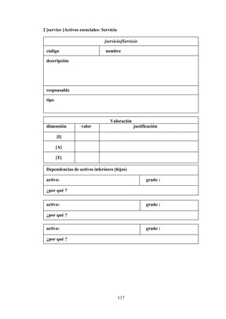 117
2 [service ]Activos esenciales: Servicio
[servicio]Servicio
código nombre
descripción
responsable
tipo
Dependencias de activos inferiores (hijos)
activo: grado :
¿por qué ?
activo: grado :
¿por qué ?
activo: grado :
¿por qué ?
Valoración
dimensión valor justificación
[I]
[A]
[T]
 