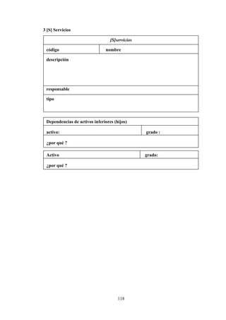 118
3 [S] Servicios
[S]servicios
código nombre
descripción
responsable
tipo
Dependencias de activos inferiores (hijos)
activo: grado :
¿por qué ?
Activo grado:
¿por qué ?
 