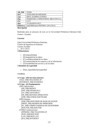 127
AR_PIB TESIS
desc ANÁLISIS DE RIESGOS
resp SRTA. KARINA GAONA
Org PESQUERA E INDUSTRIAL BRAVITO S.A.
Ver 5.2.9
date 15-AGOSTO-2013
biblioteca [std] Biblioteca INFOSEC (28.8.2012)
Descripción
Realizado para un proyecto de tesis en la Universidad Politécnica Salesiana Sede
Cuenca - Ecuador
Licencia
[edu] Universidad Politécnica Salesiana
Carrera de Ingeniería en Sistemas
Cuenca, Ecuador
[ ... 30.11.2013]
2 Dimensiones
o [D] disponibilidad
o [I] integridad de los datos
o [C] confidencialidad de los datos
o [A] autenticidad de los usuarios y de la información
o [T] trazabilidad del servicio y de los datos
3 Dominios de seguridad
o [base_seguridad] baseseguridad
4 Activos
4.1 Capa - [IS] Servicios internos
[TELF_PIB] TELEFONÍA IP
[INTERNET_PIB] INTERNET
4.2 Capa - [E] Equipamiento
[SW] Aplicaciones
[SIS_PIB] BIZNET
[OFF_PIB] OFIMÁTICA
[AV_PIB] ANTIVIRUS
[OS_PIB] SISTEMA OPERATIVO
[OTR_PIB] OTROS SOFTWARE
[HW] Equipos
[SDB_PIB] SERVIDOR DE BASE DE DATOS
[PRINT_PIB] MEDIOS DE IMPRESIÓN
[PC_PIB] COMPUTADORAS DE ESCRITORIO
[ROUTER_PIB] ROUTER
[COM] Comunicaciones
[IPPHONE_PIB] TELEFONÍA IP
[WIFI_PIB] RED WIFI
[LAN_PIB] RED LAN
[IEX_PIB] INTERNET
 