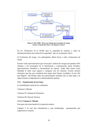 30
Figura 5. ISO 31000 - Marco de trabajo para la gestión de riesgos
Fuente: Tomado del Libro 1 de Magerit versión 3
En las “Directrices de la OCDE para la seguridad de sistemas y redes de
información-Hacia una cultura de la seguridad”, que en su principio 6 dice:
6) Evaluación del riesgo. Los participantes deben llevar a cabo evaluaciones de
riesgo
Existen varias aproximaciones que sirven para analizar los riesgos que pueden sufrir
sistemas y las tecnologías de la información y comunicación: guías formales,
aproximaciones metódicas y herramientas de soporte. Todas ellas tienen como
finalidad el saber cuan seguros o inseguros son los sistemas. Existen muchos
elementos que hay que considerar para lograr tener buenos resultados. Es por ello
que Magerit está basado sobre una aproximación metódica que no deja lugar a la
improvisación, ni dependa de la arbitrariedad del analista.
3.3.1 Organización de las Guías
La metodología consta de tres volúmenes:
Volumen I: Método
Volumen II: Catalogo de Elementos
Volumen III: Guía de Técnicas
3.3.1.1 Volumen I: Método
Este guía está estructurado de la siguiente manera:
Capítulo I: Es una fase introductoria a esta metodología, pronunciando que
organismos lo crearon.
 