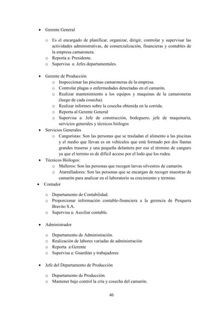 46
 Gerente General
o Es el encargado de planificar, organizar, dirigir, controlar y supervisar las
actividades administrativas, de comercialización, financieras y contables de
la empresa camaronera.
o Reporta a: Presidente.
o Supervisa a: Jefes departamentales.
 Gerente de Producción
o Inspeccionar las piscinas camaroneras de la empresa.
o Controlar plagas o enfermedades detectadas en el camarón.
o Realizar mantenimiento a los equipos y maquinas de la camaroneras
(luego de cada cosecha).
o Realizar informes sobre la cosecha obtenida en la corrida.
o Reporta al Gerente General
o Supervisa a: Jefe de construcción, bodeguero, jefe de maquinaria,
servicios generales y técnicos biólogos
 Servicios Generales
o Canguristas: Son las personas que se trasladan el alimento a las piscinas
y el medio que llevan es en vehículos que está formado por dos llantas
grandes traseras y una pequeña delantera por eso el término de canguro
ya que el terreno es de difícil acceso por el lodo que los rodea.
 Técnicos Biólogos:
o Malleros: Son las personas que recogen larvas silvestres de camarón.
o Atarralladores: Son las personas que se encargan de recoger muestras de
camarón para analizar en el laboratorio su crecimiento y termino.
 Contador
o Departamento de Contabilidad.
o Proporcionar información contable-financiera a la gerencia de Pesquera
Bravito S.A.
o Supervisa a: Auxiliar contable.
 Administrador
o Departamento de Administración.
o Realización de labores variadas de administración
o Reporta a:Gerente
o Supervisa a: Guardián y trabajadores
 Jefe del Departamento de Producción
o Departamento de Producción.
o Mantener bajo control la cría y cosecha del camarón.
 