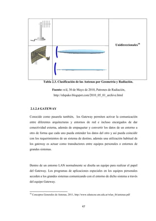 47
Unidireccionales10
Tabla 2.3. Clasificación de las Antenas por Geometría y Radiación.
Fuente: n/d, 30 de Mayo de 2010, Patrones de Radiación,
http://rdspako.blogspot.com/2010_05_01_archive.html
2.1.2.4 GATEWAY
Conocido como pasarela también, los Gateway permiten activar la comunicación
entre diferentes arquitecturas y entornos de red e incluso encargados de dar
conectividad externa, además de empaquetar y convertir los datos de un entorno a
otro de forma que cada uno pueda entender los datos del otro y así pueda coincidir
con los requerimientos de un sistema de destino, además una utilización habitual de
los gateway es actuar como transductores entre equipos personales o entornos de
grandes sistemas.
Dentro de un entorno LAN normalmente se diseña un equipo para realizar el papel
del Gateway. Los programas de aplicaciones especiales en los equipos personales
acceden a los grandes sistemas comunicando con el entorno de dicho sistema a través
del equipo Gateway.
10
Conceptos Generales de Antenas, 2011, http://www.edutecne.utn.edu.ar/wlan_frt/antenas.pdf
 