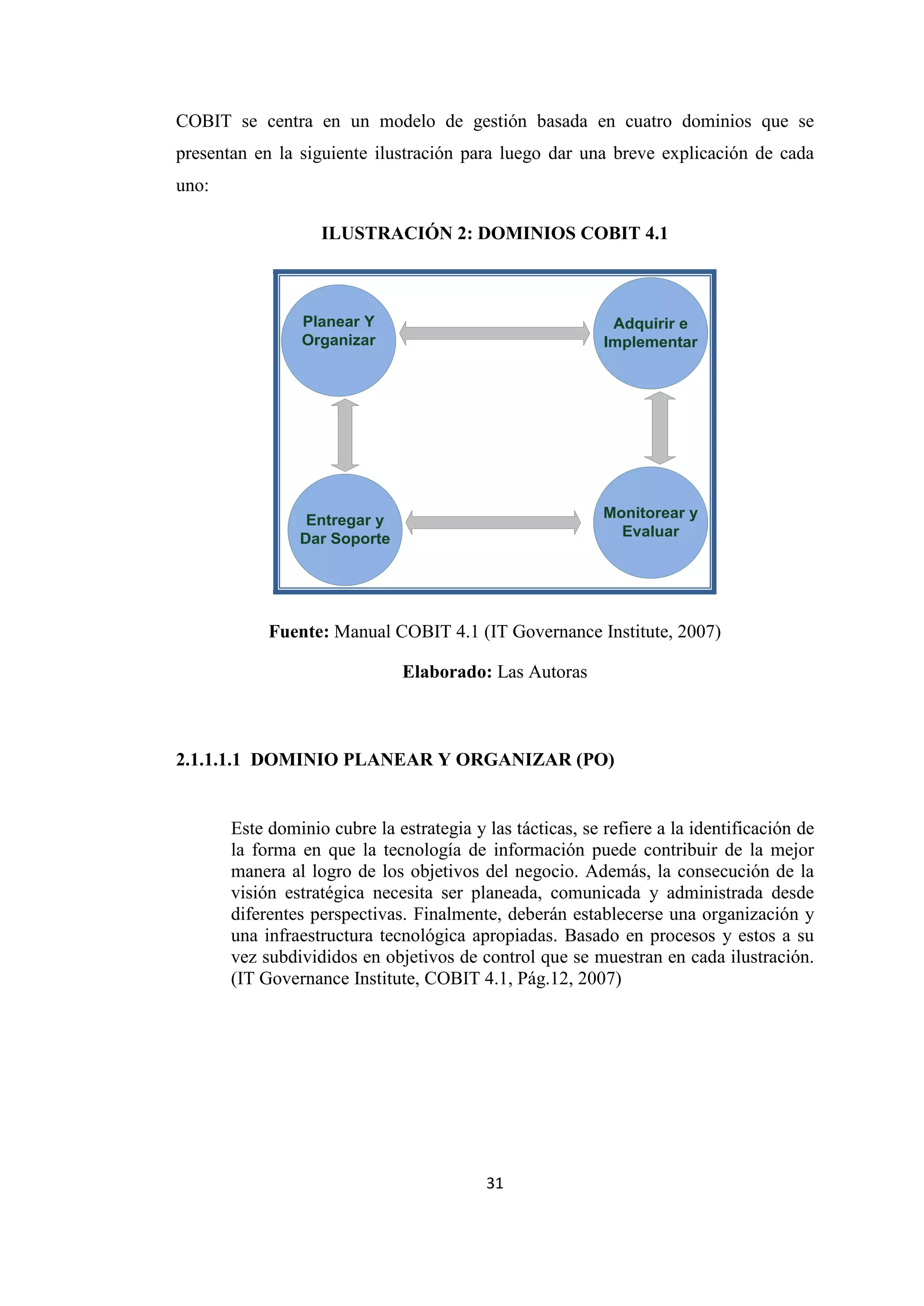 31
COBIT se centra en un modelo de gestión basada en cuatro dominios que se
presentan en la siguiente ilustración para luego dar una breve explicación de cada
uno:
ILUSTRACIÓN 2: DOMINIOS COBIT 4.1
Planear Y
Organizar
Adquirir e
Implementar
Entregar y
Dar Soporte
Monitorear y
Evaluar
Fuente: Manual COBIT 4.1 (IT Governance Institute, 2007)
Elaborado: Las Autoras
2.1.1.1.1 DOMINIO PLANEAR Y ORGANIZAR (PO)
Este dominio cubre la estrategia y las tácticas, se refiere a la identificación de
la forma en que la tecnología de información puede contribuir de la mejor
manera al logro de los objetivos del negocio. Además, la consecución de la
visión estratégica necesita ser planeada, comunicada y administrada desde
diferentes perspectivas. Finalmente, deberán establecerse una organización y
una infraestructura tecnológica apropiadas. Basado en procesos y estos a su
vez subdivididos en objetivos de control que se muestran en cada ilustración.
(IT Governance Institute, COBIT 4.1, Pág.12, 2007)
 