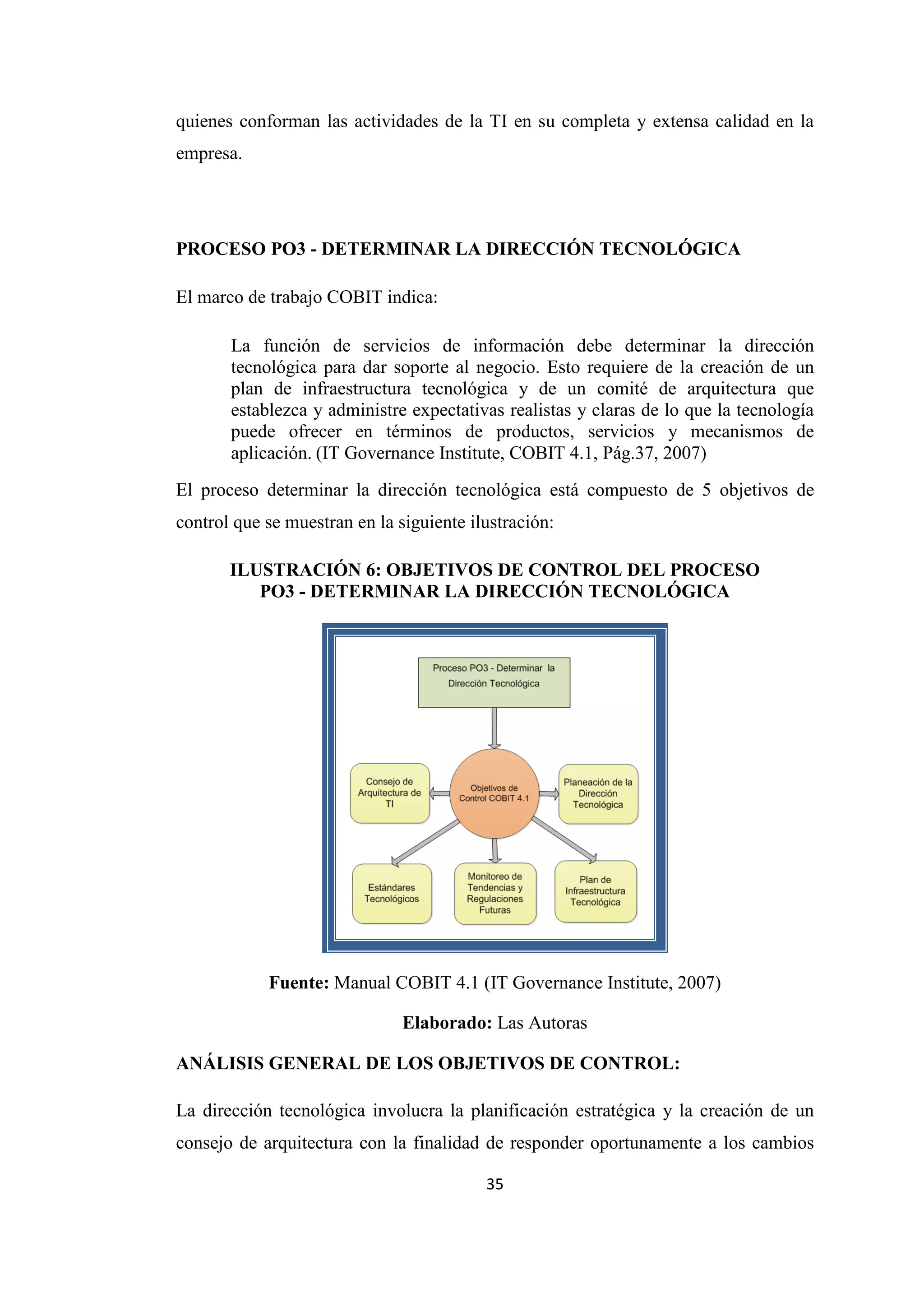 35
quienes conforman las actividades de la TI en su completa y extensa calidad en la
empresa.
PROCESO PO3 - DETERMINAR LA DIRECCIÓN TECNOLÓGICA
El marco de trabajo COBIT indica:
La función de servicios de información debe determinar la dirección
tecnológica para dar soporte al negocio. Esto requiere de la creación de un
plan de infraestructura tecnológica y de un comité de arquitectura que
establezca y administre expectativas realistas y claras de lo que la tecnología
puede ofrecer en términos de productos, servicios y mecanismos de
aplicación. (IT Governance Institute, COBIT 4.1, Pág.37, 2007)
El proceso determinar la dirección tecnológica está compuesto de 5 objetivos de
control que se muestran en la siguiente ilustración:
ILUSTRACIÓN 6: OBJETIVOS DE CONTROL DEL PROCESO
PO3 - DETERMINAR LA DIRECCIÓN TECNOLÓGICA
Fuente: Manual COBIT 4.1 (IT Governance Institute, 2007)
Elaborado: Las Autoras
ANÁLISIS GENERAL DE LOS OBJETIVOS DE CONTROL:
La dirección tecnológica involucra la planificación estratégica y la creación de un
consejo de arquitectura con la finalidad de responder oportunamente a los cambios
 