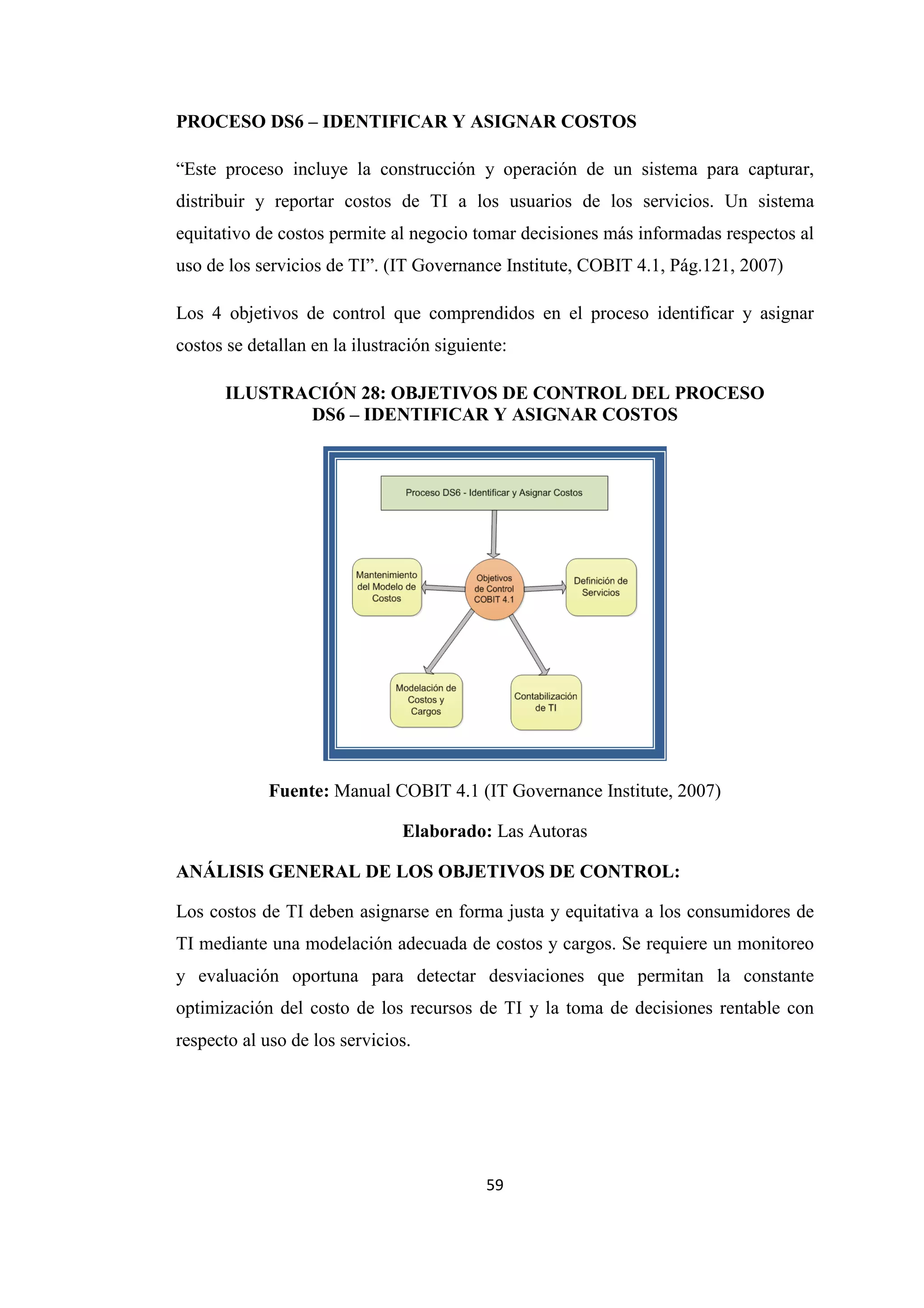 59
PROCESO DS6 – IDENTIFICAR Y ASIGNAR COSTOS
“Este proceso incluye la construcción y operación de un sistema para capturar,
distribuir y reportar costos de TI a los usuarios de los servicios. Un sistema
equitativo de costos permite al negocio tomar decisiones más informadas respectos al
uso de los servicios de TI”. (IT Governance Institute, COBIT 4.1, Pág.121, 2007)
Los 4 objetivos de control que comprendidos en el proceso identificar y asignar
costos se detallan en la ilustración siguiente:
ILUSTRACIÓN 28: OBJETIVOS DE CONTROL DEL PROCESO
DS6 – IDENTIFICAR Y ASIGNAR COSTOS
Fuente: Manual COBIT 4.1 (IT Governance Institute, 2007)
Elaborado: Las Autoras
ANÁLISIS GENERAL DE LOS OBJETIVOS DE CONTROL:
Los costos de TI deben asignarse en forma justa y equitativa a los consumidores de
TI mediante una modelación adecuada de costos y cargos. Se requiere un monitoreo
y evaluación oportuna para detectar desviaciones que permitan la constante
optimización del costo de los recursos de TI y la toma de decisiones rentable con
respecto al uso de los servicios.
 