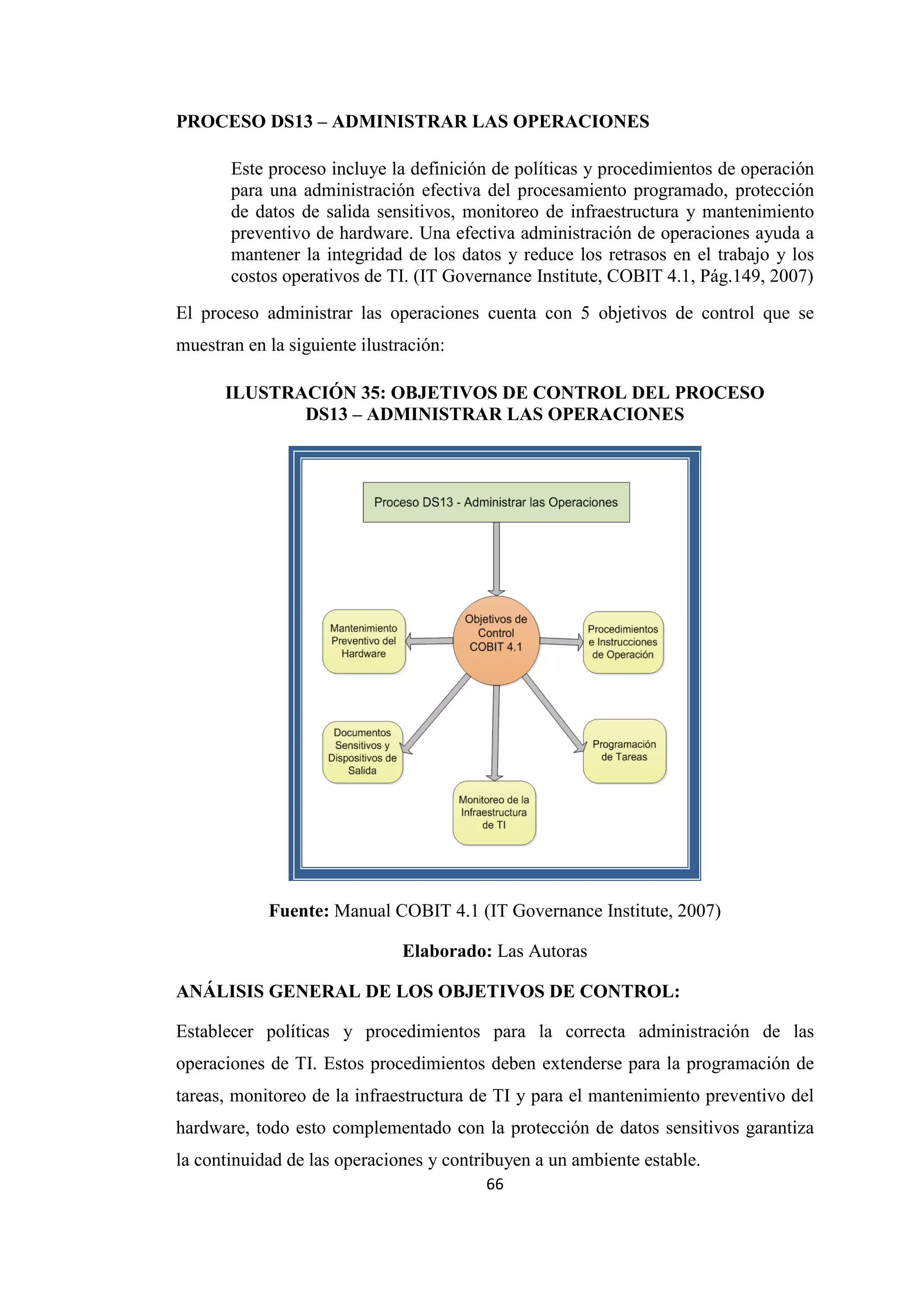 66
PROCESO DS13 – ADMINISTRAR LAS OPERACIONES
Este proceso incluye la definición de políticas y procedimientos de operación
para una administración efectiva del procesamiento programado, protección
de datos de salida sensitivos, monitoreo de infraestructura y mantenimiento
preventivo de hardware. Una efectiva administración de operaciones ayuda a
mantener la integridad de los datos y reduce los retrasos en el trabajo y los
costos operativos de TI. (IT Governance Institute, COBIT 4.1, Pág.149, 2007)
El proceso administrar las operaciones cuenta con 5 objetivos de control que se
muestran en la siguiente ilustración:
ILUSTRACIÓN 35: OBJETIVOS DE CONTROL DEL PROCESO
DS13 – ADMINISTRAR LAS OPERACIONES
Fuente: Manual COBIT 4.1 (IT Governance Institute, 2007)
Elaborado: Las Autoras
ANÁLISIS GENERAL DE LOS OBJETIVOS DE CONTROL:
Establecer políticas y procedimientos para la correcta administración de las
operaciones de TI. Estos procedimientos deben extenderse para la programación de
tareas, monitoreo de la infraestructura de TI y para el mantenimiento preventivo del
hardware, todo esto complementado con la protección de datos sensitivos garantiza
la continuidad de las operaciones y contribuyen a un ambiente estable.
 