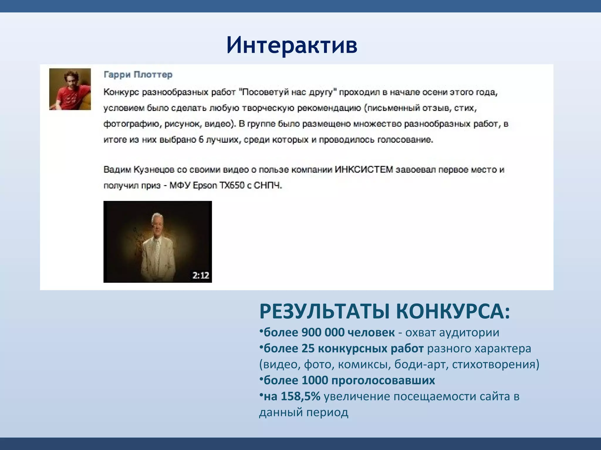 Интерактив




  РЕЗУЛЬТАТЫ КОНКУРСА:
  •более 900 000 человек - охват аудитории
  •более 25 конкурсных работ разного характера
  (видео, фото, комиксы, боди-арт, стихотворения)
  •более 1000 проголосовавших
  •на 158,5% увеличение посещаемости сайта в
  данный период
 
